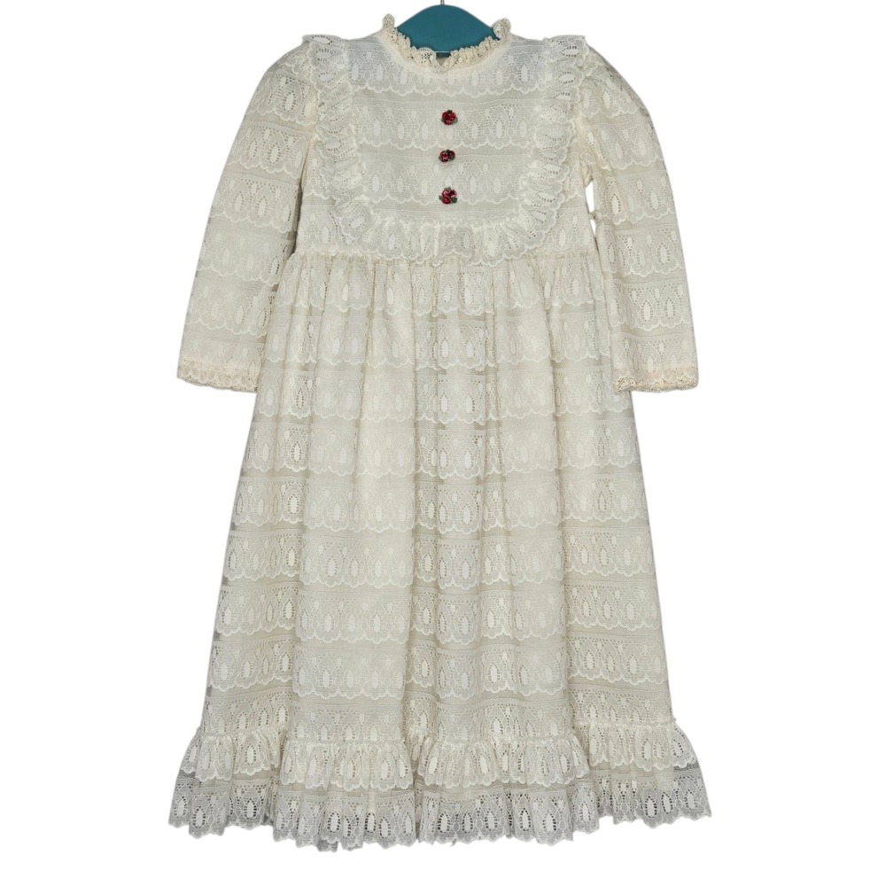 VTG‎ Nannette Girls Cream Lace Tiered Dress Ruffle Rosette Cottagecore Boho 3T